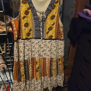 Maurices Floral Patchwork V-Neck Dress in Mustard, Navy & Cream